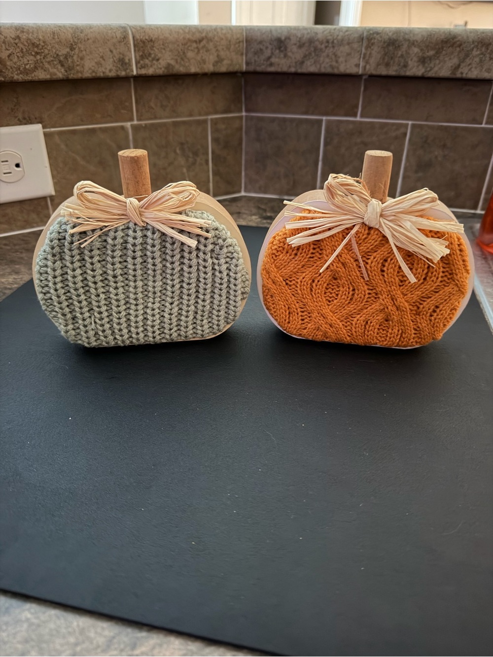 Decorative Knit Pumpkin Set - Green and Orange Autumn Accents
